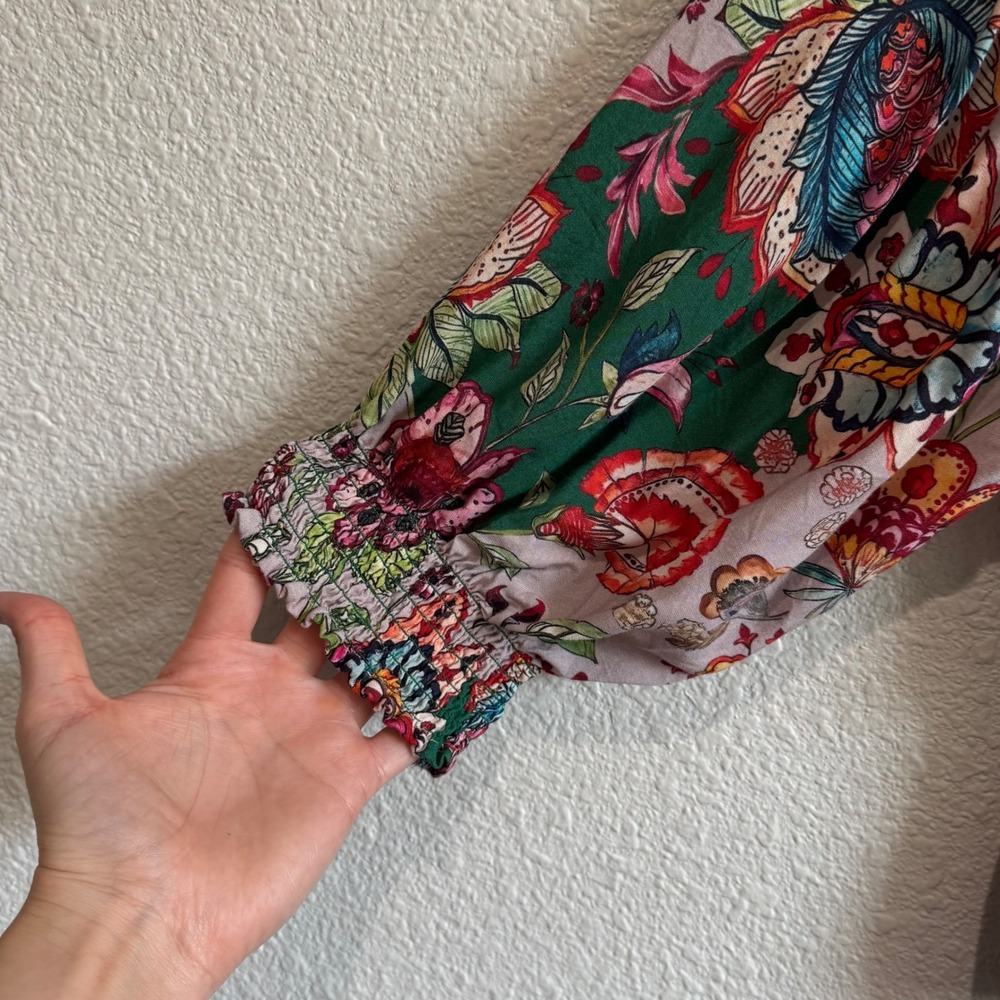 Natural Life Floral Boho Peplum Top Green‎ Pink Tassels Ruffle V-Neck Large Boho - Picture 4 of 9